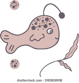 Doodles pretty spotted anglerfish. Hand drawn vector illustration. Design for T-shirt, textile and prints.
