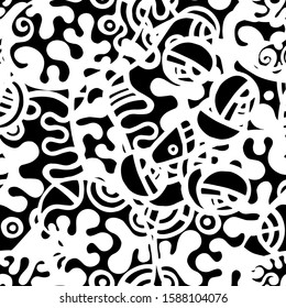 Doodles Print. Modern Seamless Pattern.  Black, White Summer Hand Drawn. Linear Collage. Bizarre Street Art. Creative Trendy Style. Abstract, Contrast Shape. Doodle Crazy Vector Background.
