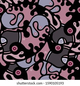 Doodles Print. Modern Seamless Pattern.  Gray, Bordo Chaotic Hand Drawn. Linear Collage. Bizarre Street Art. Creative Trendy Style. Abstract, Contrast Shape. Doodle Crazy Vector Background.
