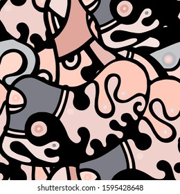 Doodles Print. Modern Seamless Pattern.  Gray, Bordo Summer Hand Drawn. Linear Collage. Bizarre Street Art. Creative Trendy Style. Abstract, Contrast Shape. Doodle Crazy Vector Background.
