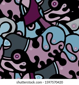 Doodles Print. Modern Seamless Pattern.  Blue, Purple Cool Hand Drawn. Linear Collage. Bizarre Street Art. Creative Trendy Style. Abstract, Contrast Shape. Doodle Crazy Vector Background.
