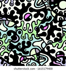 Doodles Print. Modern Seamless Pattern.  Mint, Turquoise Fantasy Hand Drawn. Linear Collage. Bizarre Street Art. Creative Trendy Style. Abstract, Contrast Shape. Doodle Crazy Vector Background.
