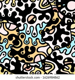 Doodles Print. Modern Seamless Pattern.  Mint, Turquoise Cool Hand Drawn. Linear Collage. Bizarre Street Art. Creative Trendy Style. Abstract, Contrast Shape. Doodle Crazy Vector Background.
