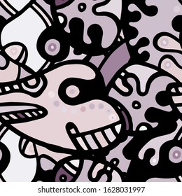 Doodles Print. Modern Seamless Pattern.  Gray, Bordo Cool Hand Drawn. Linear Collage. Bizarre Street Art. Creative Trendy Style. Abstract, Contrast Shape. Doodle Crazy Vector Background.
