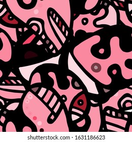 Doodles Print. Modern Seamless Pattern.  Gray, Bordo Summer Hand Drawn. Linear Collage. Bizarre Street Art. Creative Trendy Style. Abstract, Contrast Shape. Doodle Crazy Vector Background.
