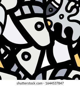 Impresión de Doodles. Diseño moderno sin inconvenientes.  Mano Negra Y Amarilla De Verano Dibujada. Collage lineal. Arte de la calle Bizarre. Estilo creativo y moderno. Resumen, Forma de contraste. Fondo del Vector Loco de Doodle.
