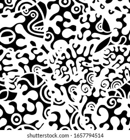 Impresión de Doodles. Diseño moderno sin inconvenientes.  Mano blanca y negra de verano dibujada. Collage lineal. Arte de la calle Bizarre. Estilo creativo y moderno. Resumen, Forma de contraste. Fondo del Vector Loco de Doodle.
