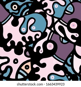 Impresión de Doodles. Diseño moderno sin inconvenientes.  Mano azul, morada y divertida dibujada. Collage lineal. Arte de la calle Bizarre. Estilo creativo y moderno. Resumen, Forma de contraste. Fondo del Vector Loco de Doodle.
