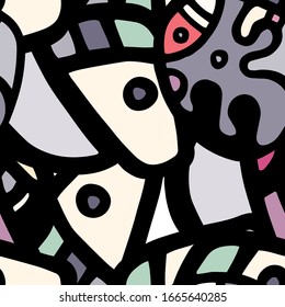 Doodles Print. Modern Seamless Pattern.  Gray, Bordo Summer Hand Drawn. Linear Collage. Bizarre Street Art. Creative Trendy Style. Abstract, Contrast Shape. Doodle Crazy Vector Background.
