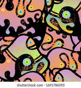 Doodles Print. Modern Seamless Pattern.  Color Surface. Cool Hand Drawn. Linear Collage. Bizarre Street Art. Creative Trendy Style. Abstract Contrast Shape. Doodle Crazy Vector Background.
