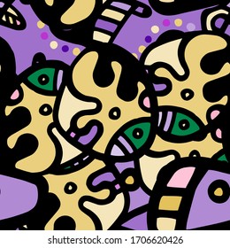 Doodles drucken. Modernes Nahtloses Muster.  Farbe, mehrfarbige Sommerhandzeichnung. Lineare Collage. Bizarre Street Art. Kreativer Trendstil. Abstrakte, kontrastförmige Form. Doodle Crazy Vektorillustration Hintergrund.

