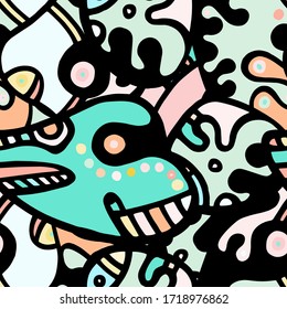 Doodles Print. Modern Seamless Pattern.  Mint, Turquoise Fun Hand Drawn. Linear Collage. Bizarre Street Art. Creative Trendy Style. Abstract, Contrast Shape. Doodle Crazy Vector Background.
