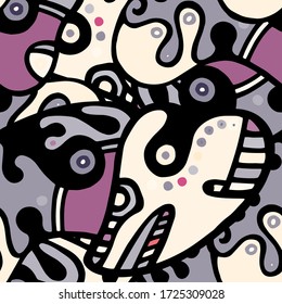 Doodles Print. Modern Seamless Pattern.  Gray, Bordo Summer Hand Drawn. Linear Collage. Bizarre Street Art. Creative Trendy Style. Abstract, Contrast Shape. Doodle Crazy Vector Background.
