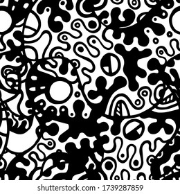 Doodles Print. Modern Seamless Pattern.  Black, White Chaotic Hand Drawn. Linear Collage. Bizarre Street Art. Creative Trendy Style. Abstract, Contrast Shape. Doodle Crazy Vector Background.
