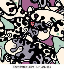 Doodles Print. Modern Seamless Pattern.  Gray, Bordo Funky Hand Drawn. Linear Collage. Bizarre Street Art. Creative Trendy Style. Abstract, Contrast Shape. Doodle Crazy Vector Background.
