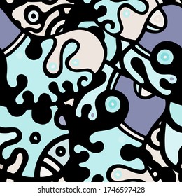 Doodles Print. Modern Seamless Pattern.  Mint, Turquoise Summer Hand Drawn. Linear Collage. Bizarre Street Art. Creative Trendy Style. Abstract, Contrast Shape. Doodle Crazy Vector Background.
