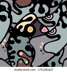 Doodles Print. Modern Seamless Pattern.  Black, Yellow Fun Hand Drawn. Linear Collage. Bizarre Street Art. Creative Trendy Style. Abstract, Contrast Shape. Doodle Crazy Vector Background.
