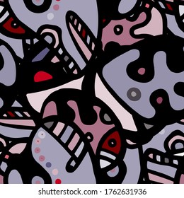 Doodles Print. Modern Seamless Pattern.  Gray, Bordo Fun Hand Drawn. Linear Collage. Bizarre Street Art. Creative Trendy Style. Abstract, Contrast Shape. Doodle Crazy Vector Background.
