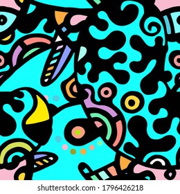 Impresión de garabatos. Patrón moderno sin foco.  Color, Multicolor Funky Mano Dibujada. Collage lineal. Arte de la calle Bizarre. Estilo creativo de moda. Resumen, Forma de contraste. Fondo del Vector Loco de Doodle.
