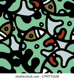 Doodles Print. Modern Seamless Pattern.  Color, Multicolor Funky Hand Drawn. Linear Collage. Bizarre Street Art. Creative Trendy Style. Abstract, Contrast Shape. Doodle Crazy Vector Background.
