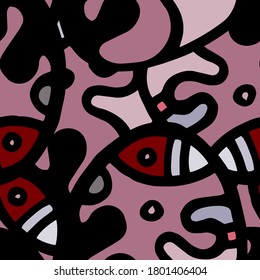 Doodles Print. Modern Seamless Pattern.  Gray, Bordo Chaotic Hand Drawn. Linear Collage. Bizarre Street Art. Creative Trendy Style. Abstract, Contrast Shape. Doodle Crazy Vector Background.
