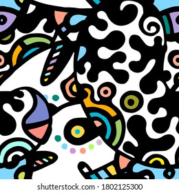 Doodles Print. Modern Seamless Pattern.  Color, Multicolor Chaotic Hand Drawn. Linear Collage. Bizarre Street Art. Creative Trendy Style. Abstract, Contrast Shape. Doodle Crazy Vector Background.
