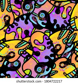 Impresión de garabatos. Patrón moderno sin foco.  Embalaje Brillante. Mano de fantasía. Collage lineal. Arte de la calle Bizarre. Estilo creativo de moda. Forma de contraste abstracta. Fondo del Vector Loco de Doodle.

