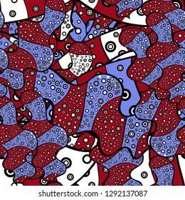 Doodles red, violet and black on colors. Fashionable fabric pattern. Design wrapping and gift paper, greeting cards, banner and posters design. Print. Vector.