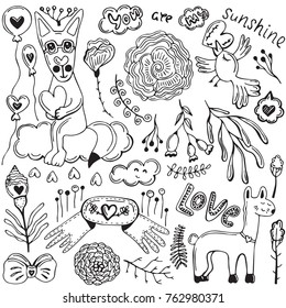 Doodles Romantic Elements With Cute Animals Flowers And Hearts Hand Drawn Cartoon Vector Items