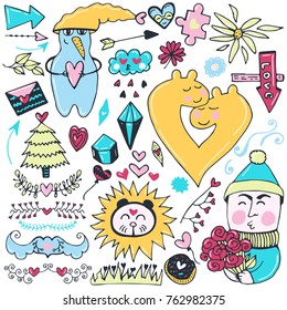 Doodles romantic elements. Hand drawn cartoon vector items. Design for Valentines day, wedding, prints, holidays and greeting cards.