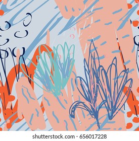 Doodles rough drawn with dots and strokes.Abstract seamless pattern. Universal bright background for greeting cards, invitations. Had drawn ink and marker watercolor texture.