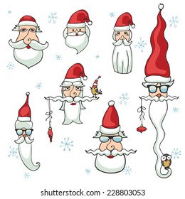 Doodles Santa Claus faces.Use for Stickers,icons,decor.Humor Christmas,new year .Isolated Vector set