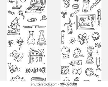 Doodles Science Set. Two vertical seamless border with science symbols
