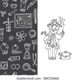 Doodles Science Set. Vertical seamless border with science icons. Funny scientist or professor.