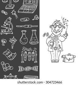 Doodles Science Set. Vertical seamless border with science icons. Funny scientist or professor.