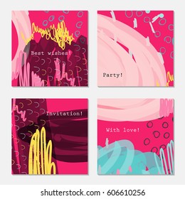 Doodles and scribbled bright pink yellow.Hand drawn creative invitation greeting cards. Poster, placard, design templates. Anniversary, Birthday, wedding, party cards set of 4. Isolated on layer.