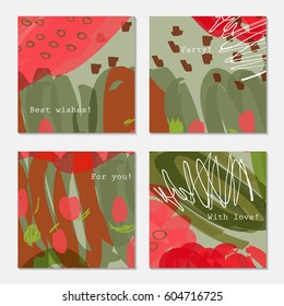 Doodles and scribbled brown red green.Hand drawn creative invitation greeting cards. Poster, placard, design templates. Anniversary, Birthday, wedding, party cards set of 4. Isolated on layer.