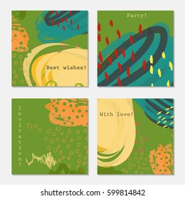 Doodles and scribbled green yellow orange.Hand drawn creative invitation greeting cards. Poster, placard, design templates. Anniversary, Birthday, wedding, party cards set of 4. Isolated