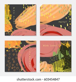 Doodles and scribbled orange pink black.Hand drawn creative invitation greeting cards. Poster, placard,  design templates. Anniversary, Birthday, wedding, party cards set of 4. Isolated on layer.