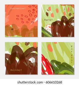 Doodles and scribbled red green brown.Hand drawn creative invitation greeting cards. Poster, placard, design templates. Anniversary, Birthday, wedding, party cards set of 4. Isolated on layer.