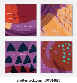 Doodles scribbled triangles purple.Hand drawn creative invitation greeting cards. Poster, placard, design templates. Anniversary, Birthday, wedding, party cards set of 4. Isolated on layer.