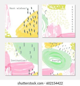 Doodles and scribbled white mint yellow.Hand drawn creative invitation greeting cards. Poster, placard,  design templates. Anniversary, Birthday, wedding, party cards set of 4. Isolated on layer.