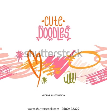 Doodles and scribbles in marker style vector flat illustration of seamless pattern. Border of children's sketches of stripes, flowers and hearts. Cute pink border. Ornament in graffiti style