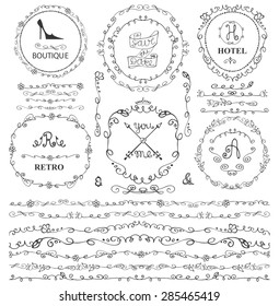 Doodles seamless border,frame,arrow,brushes,flourish decor elements set.For logo design templates,invitations,menu.Vintage Hand drawing .For weddings,Valentines day,holidays,birthday.Vector