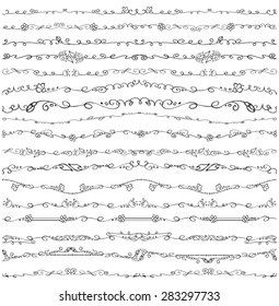 Doodles seamless border,pattern,brushes,flourish decor  set.For design templates,invitations,menu.Vintage Hand drawing .For weddings,Valentines day,holidays,birthday.Vector