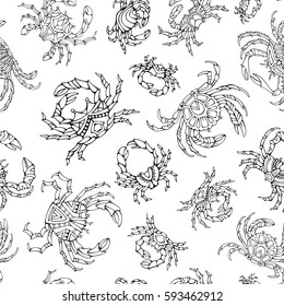 Doodles seamless crabs pattern. Various hand-drawn crabs on white background. Vector black and white boundless background for your design.