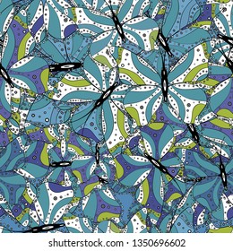 Doodles. Seamless decorative background. Can be used for cards, invitations, save the date cards and many more. On blue, black and white colors. Vector illustration.