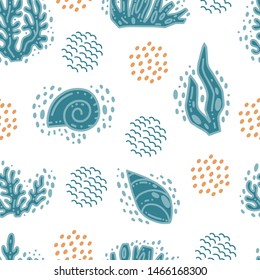 Doodles seamless pattern with corals, seaweeds, seashells in vector. Illustration can be used for wallpaper, pattern fills, web page background, surface textures design.