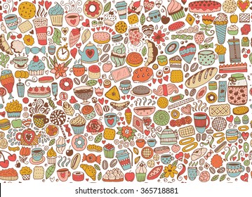 Doodles seamless pattern of cupcakes, cakes and tea. Vector background with sweets. Hand drawn sketch illustration.