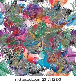 Doodles seamless pattern. Doodle lines and chains trendy background. Modern repeat colorful backdrop. Doodle line art vibrant ornaments with hatching, strokes, doodles. Abstract watercolor splashes.